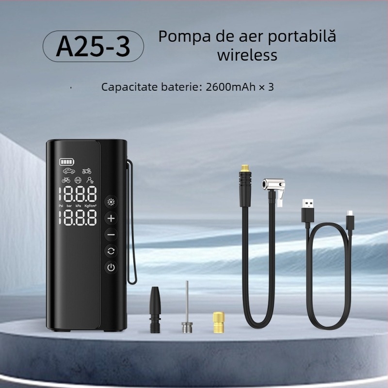 Pompa de aer auto pentru mașină – fără fir, portabilă, manuală, afișaj digital, oprire automată; 12V, 100W, 25 L/min