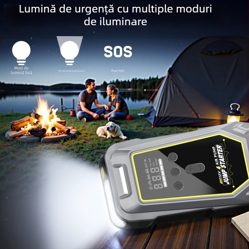 Surse de pornire pentru mașină 12V — All-in-One cu pompă de aer, intrare/ieșire 12V, certificat CE/FCC/MSDS UN38.3