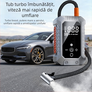 Pompa portabilă de aer pentru mașină, electrică, reîncărcabilă și fără fir, cu manometru digital pentru presiunea pneurilor, 12V, 25 L/min, autonomie 5–20 min