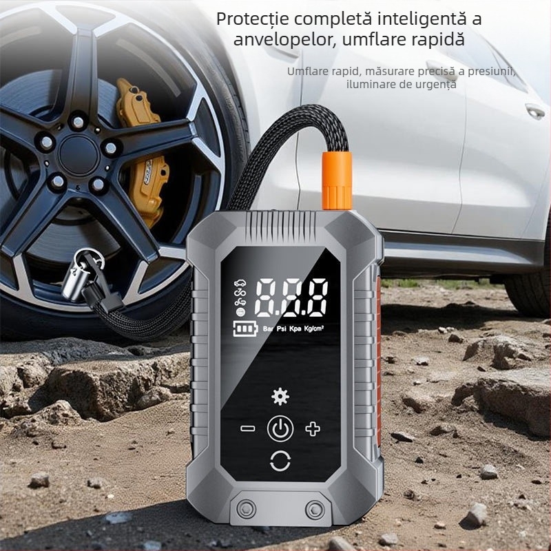 Pompa portabilă de aer pentru mașină, electrică, reîncărcabilă și fără fir, cu manometru digital pentru presiunea pneurilor, 12V, 25 L/min, autonomie 5–20 min