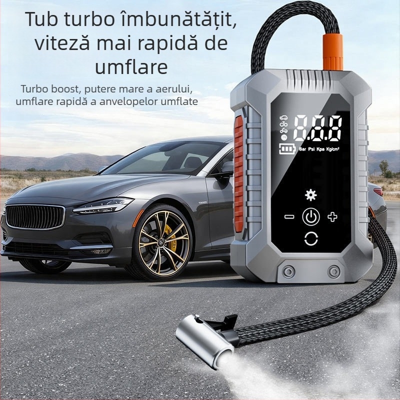 Pompa portabilă de aer pentru mașină, electrică, reîncărcabilă și fără fir, cu manometru digital pentru presiunea pneurilor, 12V, 25 L/min, autonomie 5–20 min
