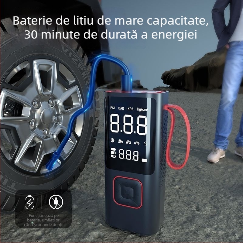 Pompă de aer electrică portabilă – wireless, pentru mașină și bicicletă, 12V, 80W, 35 L/min, afișaj digital, manometru