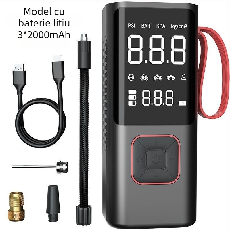 Pompă de aer electrică portabilă – wireless, pentru mașină și bicicletă, 12V, 80W, 35 L/min, afișaj digital, manometru