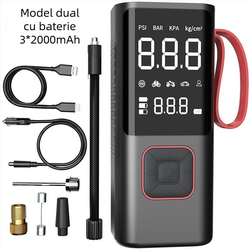 Pompă de aer electrică portabilă – wireless, pentru mașină și bicicletă, 12V, 80W, 35 L/min, afișaj digital, manometru