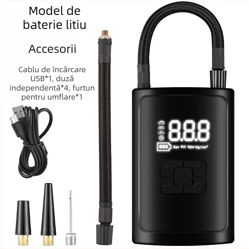 Pompă de aer portabilă pentru mașină — alimentare USB la 12V, afișaj digital, debit 35 L/min, ≤80 W, iluminare LED, manometru pentru pneuri, încărcare USB