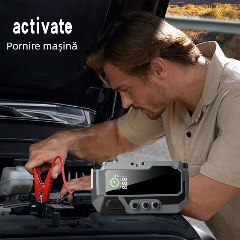 Pornire de urgență pentru mașină cu pompă de aer încorporată, baterie Li-ion, capacitate mare, ieșire 12V, intrare 5V