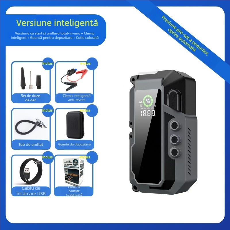 Pornire de urgență pentru mașină cu pompă de aer încorporată, baterie Li-ion, capacitate mare, ieșire 12V, intrare 5V