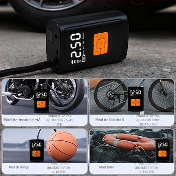 Pompa de pneuri auto cu afișaj digital - reîncărcabilă 12V, cilindru unic, 30 L/min
