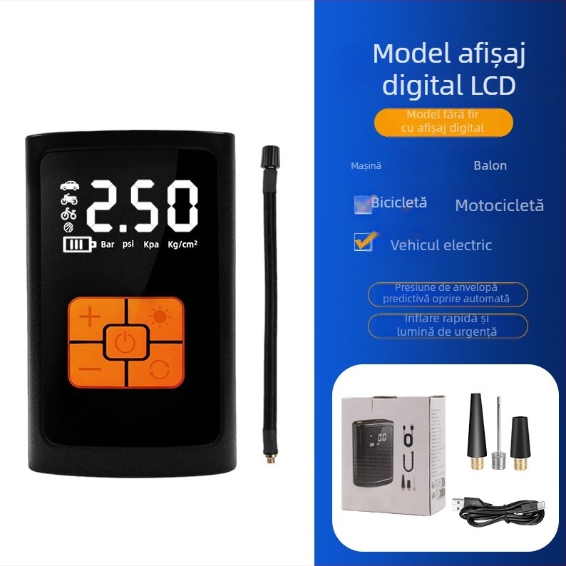 Pompa de pneuri auto cu afișaj digital - reîncărcabilă 12V, cilindru unic, 30 L/min
