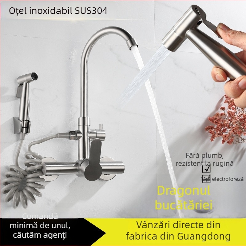 Robinet de bucătărie încastrat în perete, cu două găuri, amestec fierbinte/crece, duză rotativă cu pistol de stropit, oțel inoxidabil, cartuș ceramic, 0–90°C, 1.6 MPa