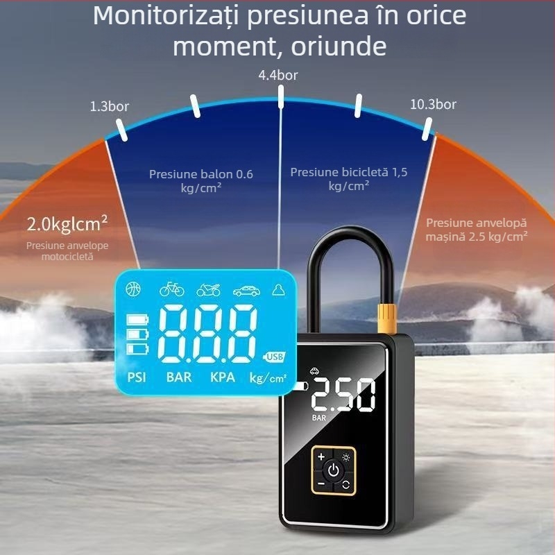 Pompa de aer portabilă pentru mașină cu afișaj digital - 12V, 100W, 25 L/min, 450 g