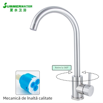 Robinet de bucătărie din oțel inoxidabil 304, cald/rece, rotativ, valvă cu disc ceramic, interval de temperatură 0-90°C, presiune 0.05-1.6 MPa