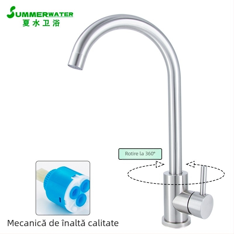 Robinet de bucătărie din oțel inoxidabil 304, cald/rece, rotativ, valvă cu disc ceramic, interval de temperatură 0-90°C, presiune 0.05-1.6 MPa