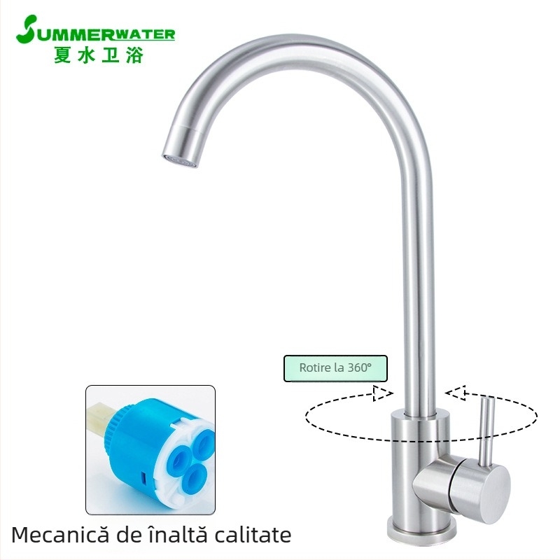 Robinet de bucătărie din oțel inoxidabil 304, cald/rece, rotativ, valvă cu disc ceramic, interval de temperatură 0-90°C, presiune 0.05-1.6 MPa