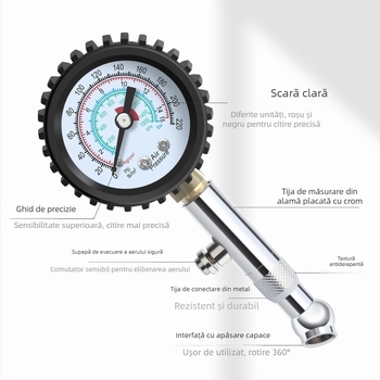Manometru de presiune a pneurilor auto, înaltă precizie, corp din oțel, interval 0–16 kg, precizie 0,02, afișaj cu mai multe unități