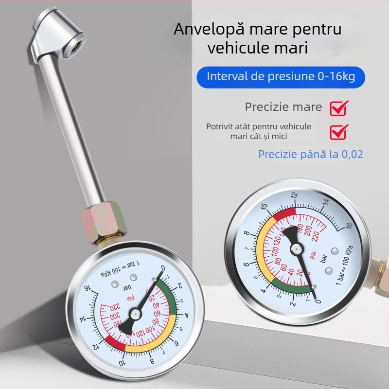 Manometru de presiune a pneurilor auto, înaltă precizie, corp din oțel, interval 0–16 kg, precizie 0,02, afișaj cu mai multe unități