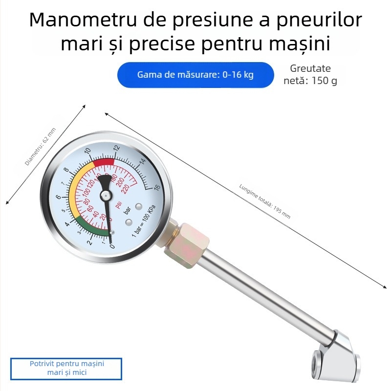 Manometru de presiune a pneurilor auto, înaltă precizie, corp din oțel, interval 0–16 kg, precizie 0,02, afișaj cu mai multe unități