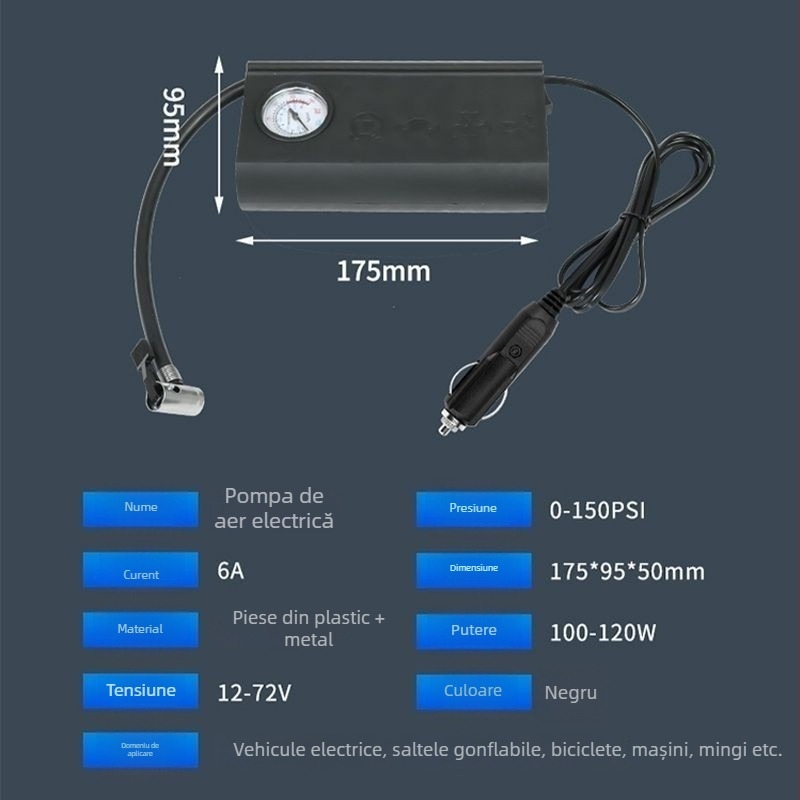 Pompa de aer auto, portabilă, 12V, 120W, 45 L/min, cilindru unic, manometru, cablu 1,5–3 m