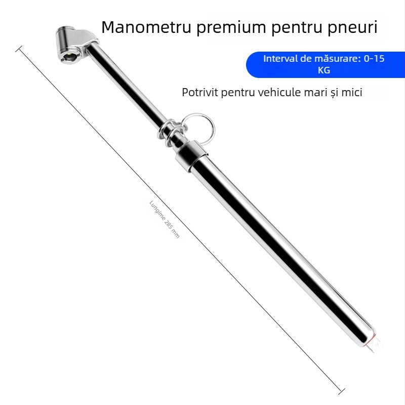 Manometru pentru presiunea în pneuri, format mini, corp din oțel, interval până la 180 kg/cm², precizie ±0.02 kg/cm², greutate 0.02 kg, fără baterie