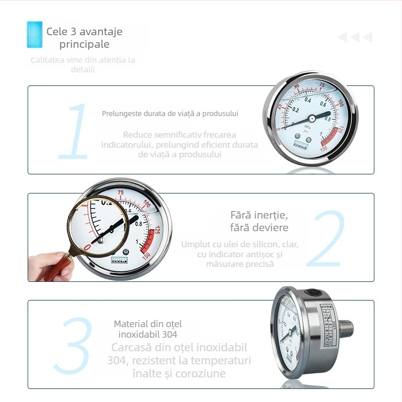 Manometru pentru apă potabilă — oțel inoxidabil, umplut cu ulei, pentru purificatoare de apă