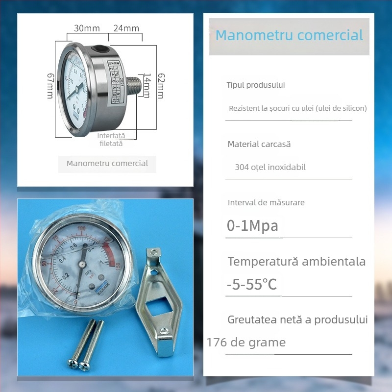 Manometru pentru apă potabilă — oțel inoxidabil, umplut cu ulei, pentru purificatoare de apă