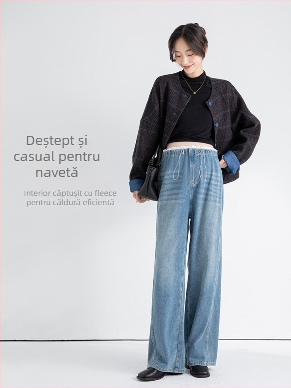 Jeans maternitate din denim cu talie elastică și șnur, croială largă, lungime până la podea, 80-90% bumbac