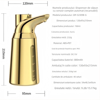 Dispenser automat de săpun cu senzor – ABS+PET, CE/RoHS/FCC, instalare fără găuri, model GM-S2309B-G, brand Greatmay