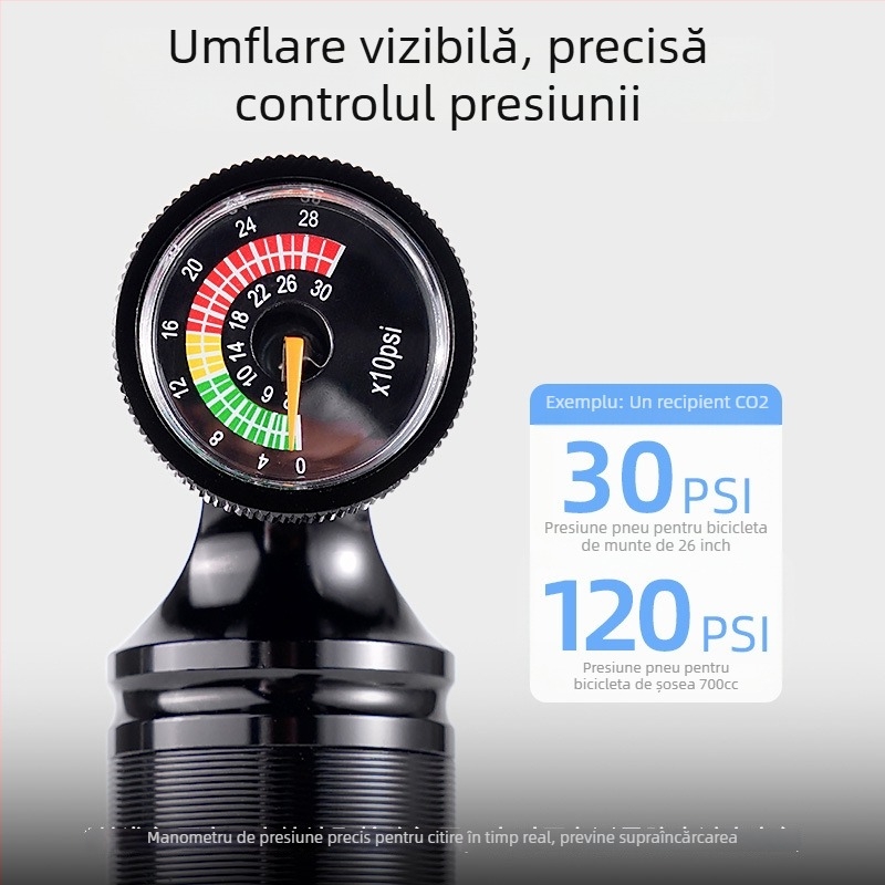 ACRUNU Pompa CO2 pentru bicicletă de drum, cu manometru vizual, din aliaj de aluminiu, compatibil Presta/Schrader, 130 g