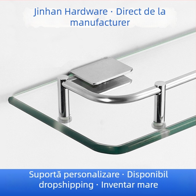 Raft de depozitare din sticlă pentru baie, montat pe perete, oțel inoxidabil cu finisaj lustruit, model Bathroom Glass Storage Rack, origine Guangdong, stil modern minimalist