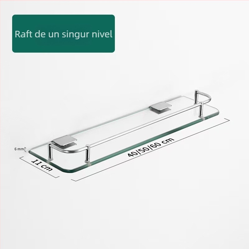 Raft de depozitare din sticlă pentru baie, montat pe perete, oțel inoxidabil cu finisaj lustruit, model Bathroom Glass Storage Rack, origine Guangdong, stil modern minimalist