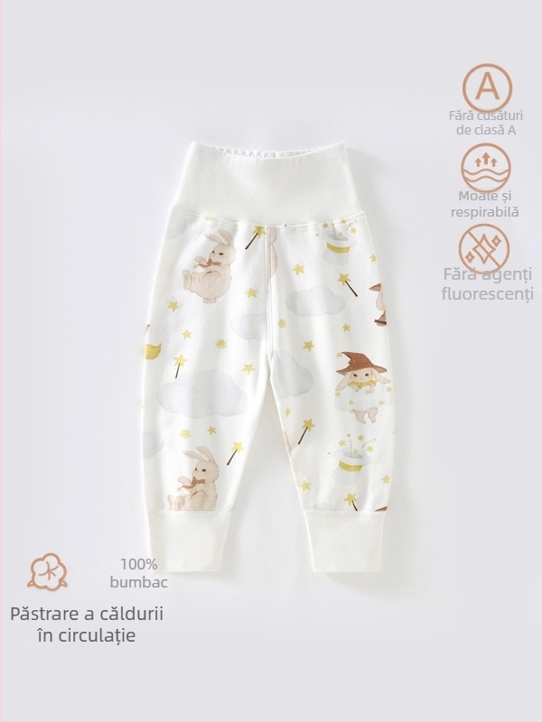 Pantaloni de casă pentru copii, talie înaltă, 100% bumbac, unisex, imprimeu desen animat, respirabili și calzi pentru primăvară și toamnă