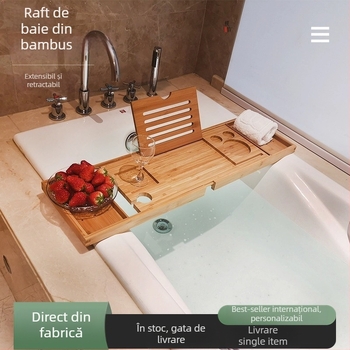 Raft de baie din bambus – o singură etaj, extensibil, organizator de baie cu suport pentru telefon/tabletă, stil modern