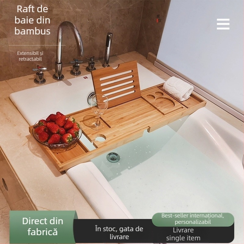 Raft de baie din bambus – o singură etaj, extensibil, organizator de baie cu suport pentru telefon/tabletă, stil modern