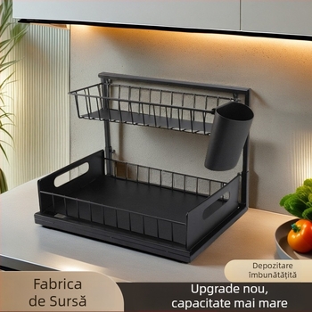 Dulap de baie sub chiuvetă cu etaj dublu și coș glisant pentru îngrijire a pielii — stil modern minimalist, material: aliaj de fier, model: raft cu sertare, 2 niveluri, suprafață vopsită
