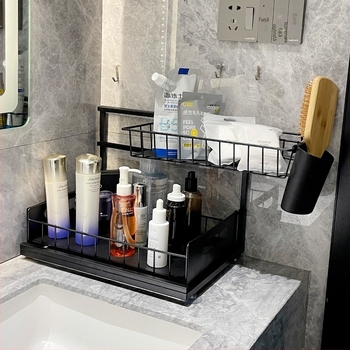 Dulap de baie sub chiuvetă cu etaj dublu și coș glisant pentru îngrijire a pielii — stil modern minimalist, material: aliaj de fier, model: raft cu sertare, 2 niveluri, suprafață vopsită