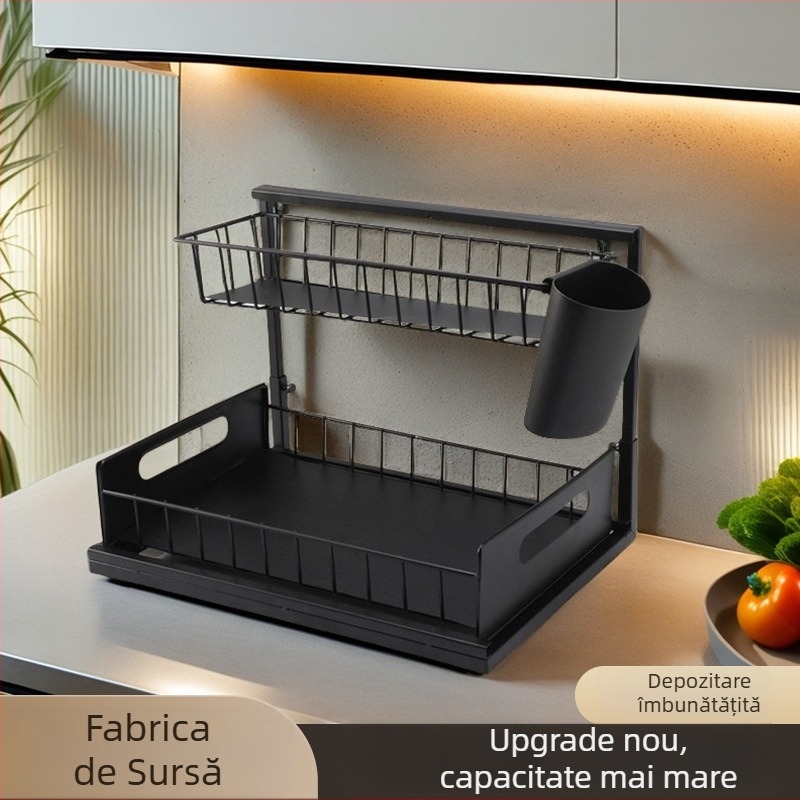 Dulap de baie sub chiuvetă cu etaj dublu și coș glisant pentru îngrijire a pielii — stil modern minimalist, material: aliaj de fier, model: raft cu sertare, 2 niveluri, suprafață vopsită