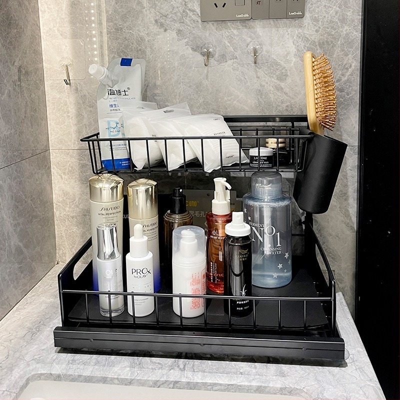 Dulap de baie sub chiuvetă cu etaj dublu și coș glisant pentru îngrijire a pielii — stil modern minimalist, material: aliaj de fier, model: raft cu sertare, 2 niveluri, suprafață vopsită