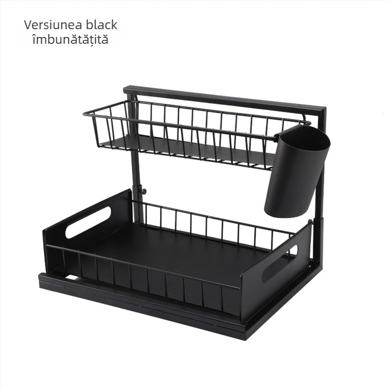 Dulap de baie sub chiuvetă cu etaj dublu și coș glisant pentru îngrijire a pielii — stil modern minimalist, material: aliaj de fier, model: raft cu sertare, 2 niveluri, suprafață vopsită
