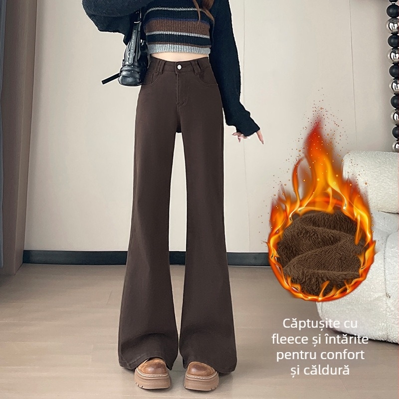 Blugi evazați cu căptușeală din fleece, talie înaltă, denim din bumbac 95%+, microelastic