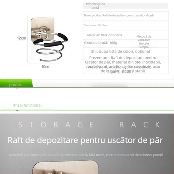 Raft pentru uscător de păr din oțel inoxidabil, finisaj polisat, 3 etaje, model A1, capacitate de încărcare 3 kg, stil modern minimalist