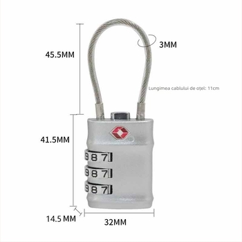 TSA201 încuietoare de bagaj cu cifru 3D din aliaj de zinc; potrivită pentru valize, cărucioare și rucsacuri; grosime tijă 3 mm; distanță între tijă 16 mm