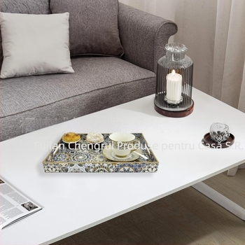 Tavă decorativă pătrată din PP cu mâner, stil boho, design floral