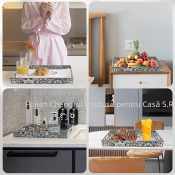 Tavă decorativă pătrată din PP cu mâner, stil boho, design floral