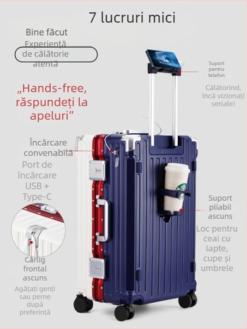 Travel valiză de cabină unisex de 20 inch, cu lacăt TSA, port USB, impermeabilă, căptușeală antibacteriană, suport pentru pahar, roți universale, separare uscat/umed