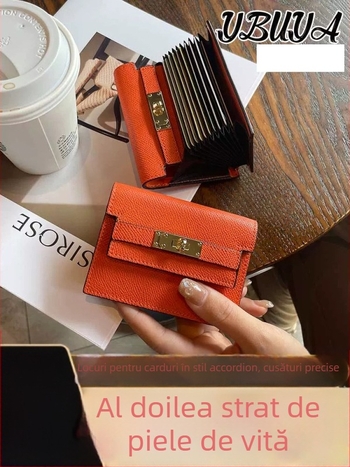 Muqu portofel pentru carduri femei, piele naturală, strat dublu de piele de vacă, 1 pli, model monocrom