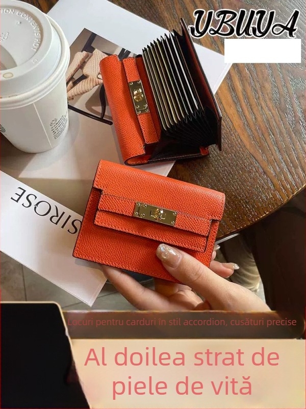 Muqu portofel pentru carduri femei, piele naturală, strat dublu de piele de vacă, 1 pli, model monocrom