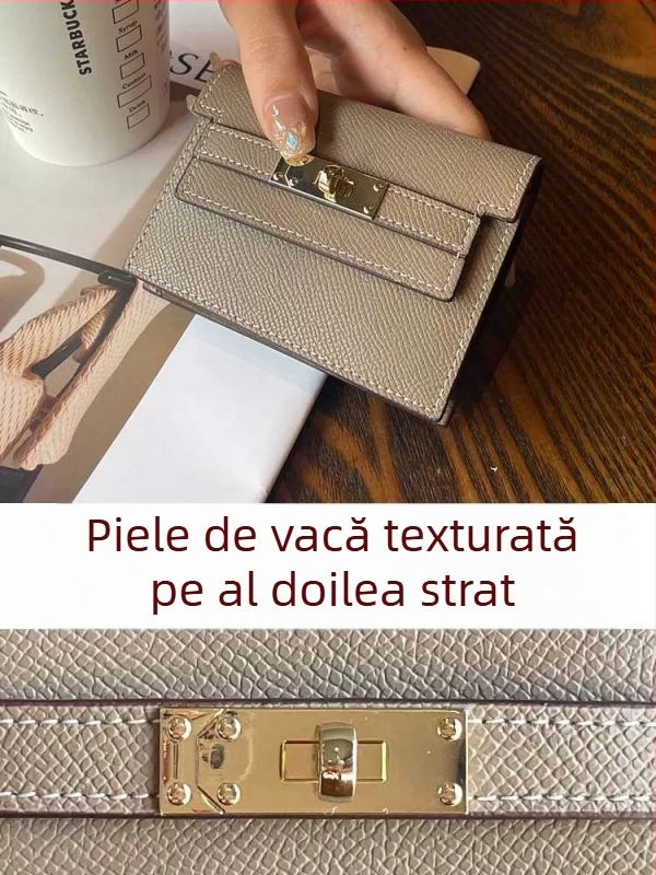 Muqu portofel pentru carduri femei, piele naturală, strat dublu de piele de vacă, 1 pli, model monocrom