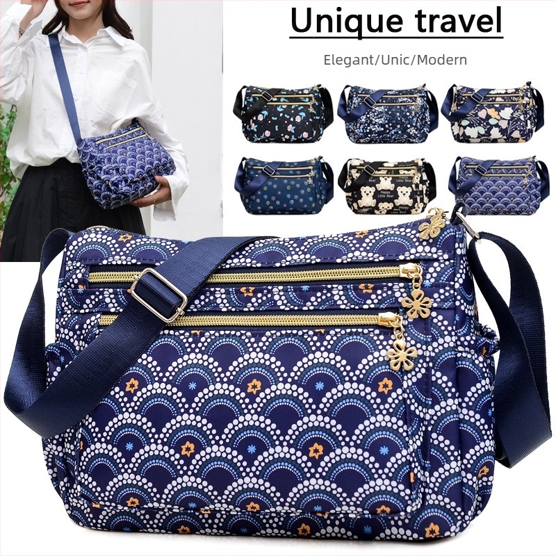 Geantă crossbody de damă în stil Dumpling, din material Oxford impermeabil, cu imprimeu floral, buzunar fermoar și capacitate mare