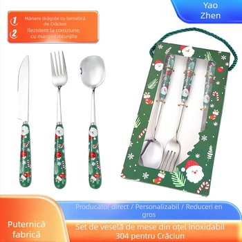 Set tacâmuri din oțel inoxidabil 304, cuțit, furculiță și lingură, lustruire oglindă, stil modern minimalist, motiv Moș Crăciun
