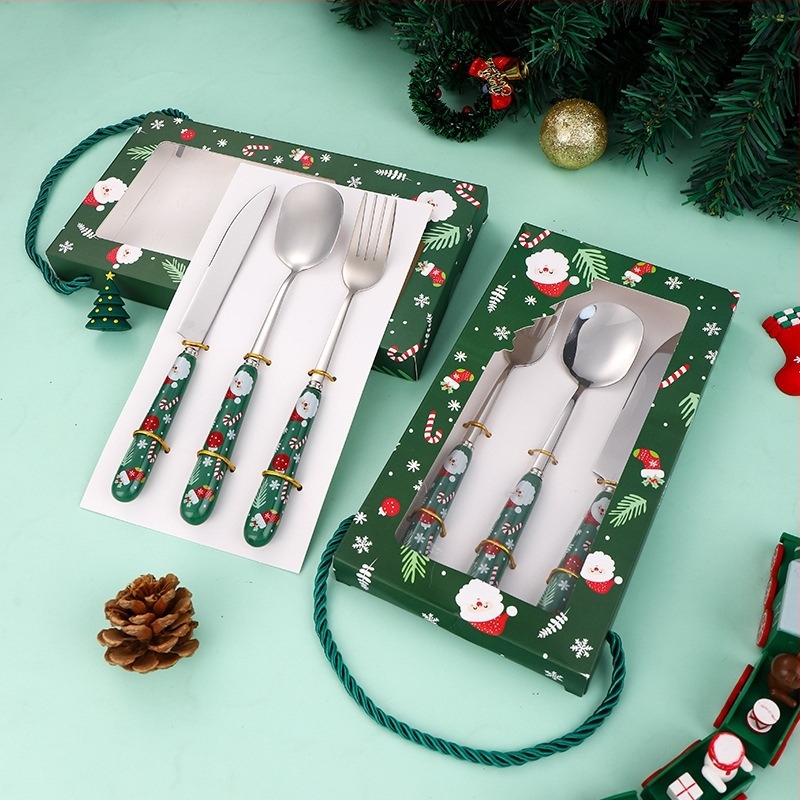 Set tacâmuri din oțel inoxidabil 304, cuțit, furculiță și lingură, lustruire oglindă, stil modern minimalist, motiv Moș Crăciun